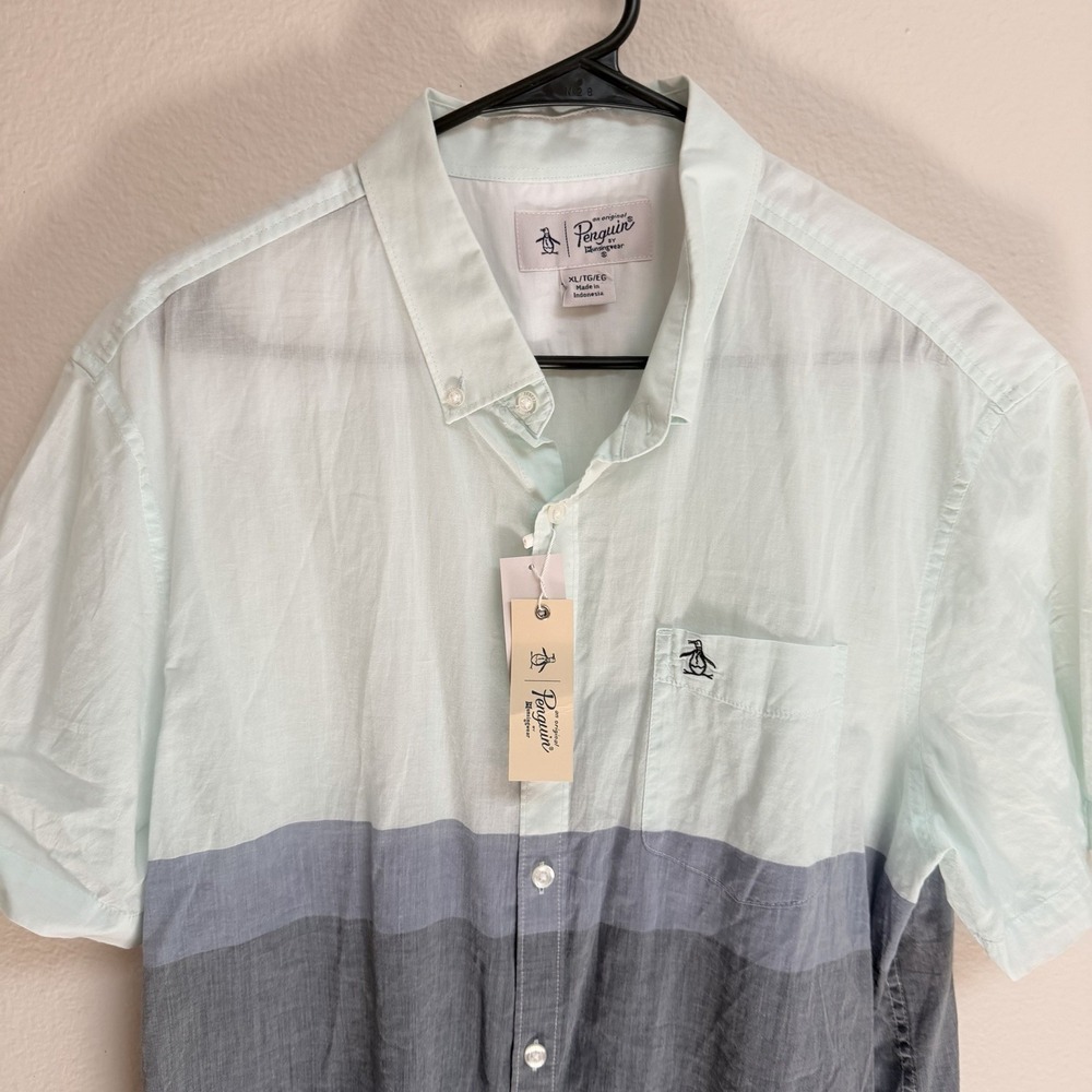 Original Penguin Shirt Men XL Mint & Gray Stripe Short Sleeve Button Down Casual